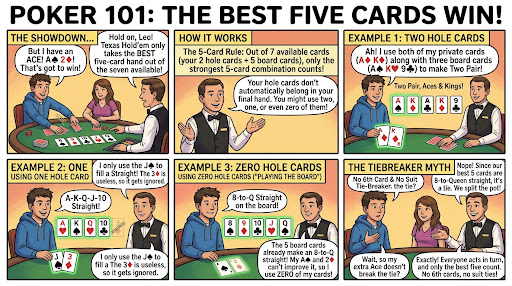 Six illustrated panels explain using two, one or zero hole cards and why a sixth card cannot break a tie.