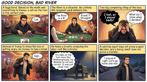 Six illustrated panels show a player taking a break and reviewing a turn call after an unlucky river.