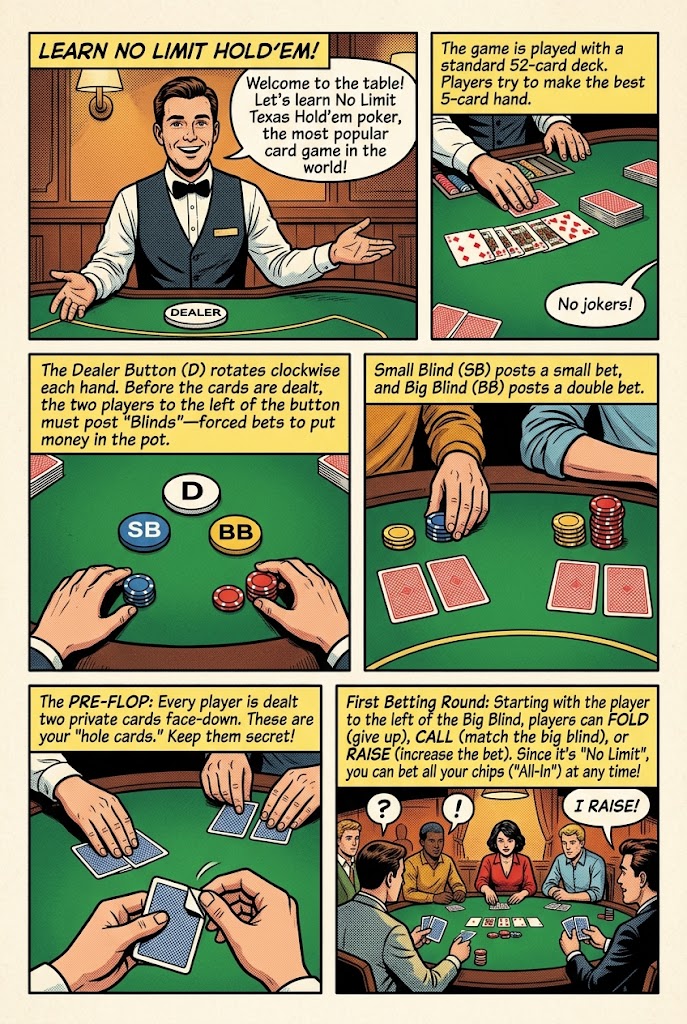 Preview of a six-panel comic introducing a dealer, a deck of cards, blinds and a poker table.