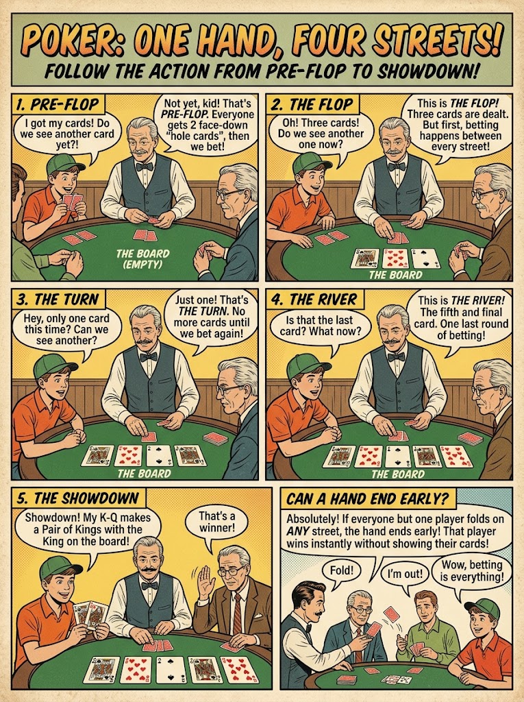 Six illustrated panels follow a poker hand from preflop to showdown and show how folds can end a hand early.
