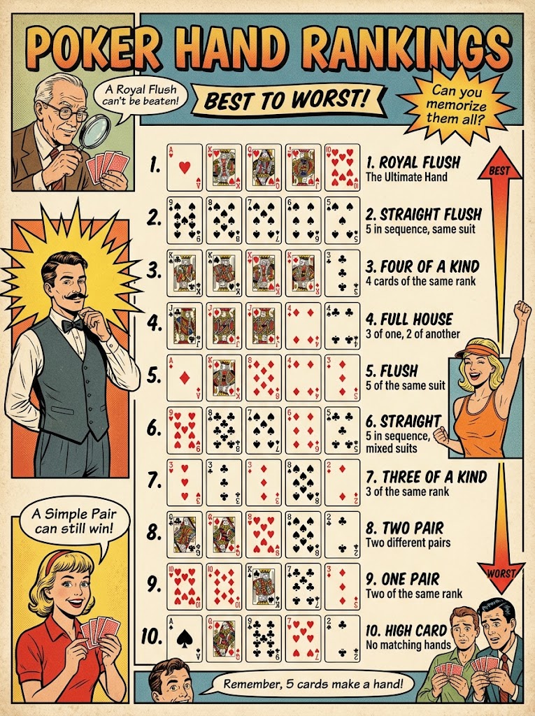 Vintage-style illustrated poster ranking ten poker hands from royal flush to high card.
