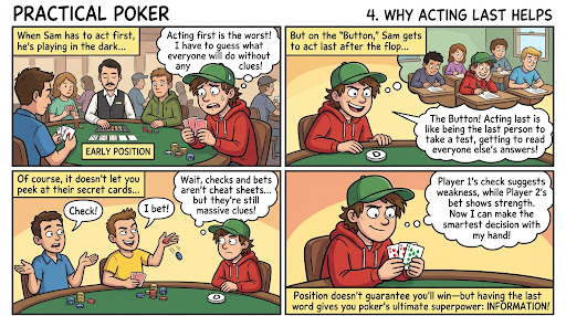 Four illustrated panels show Sam learning why watching opponents act first gives him more information.
